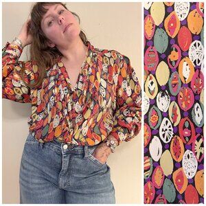 Vintage Marlis Bright Fruit Novelty Print Deep V Neck Blouse XL